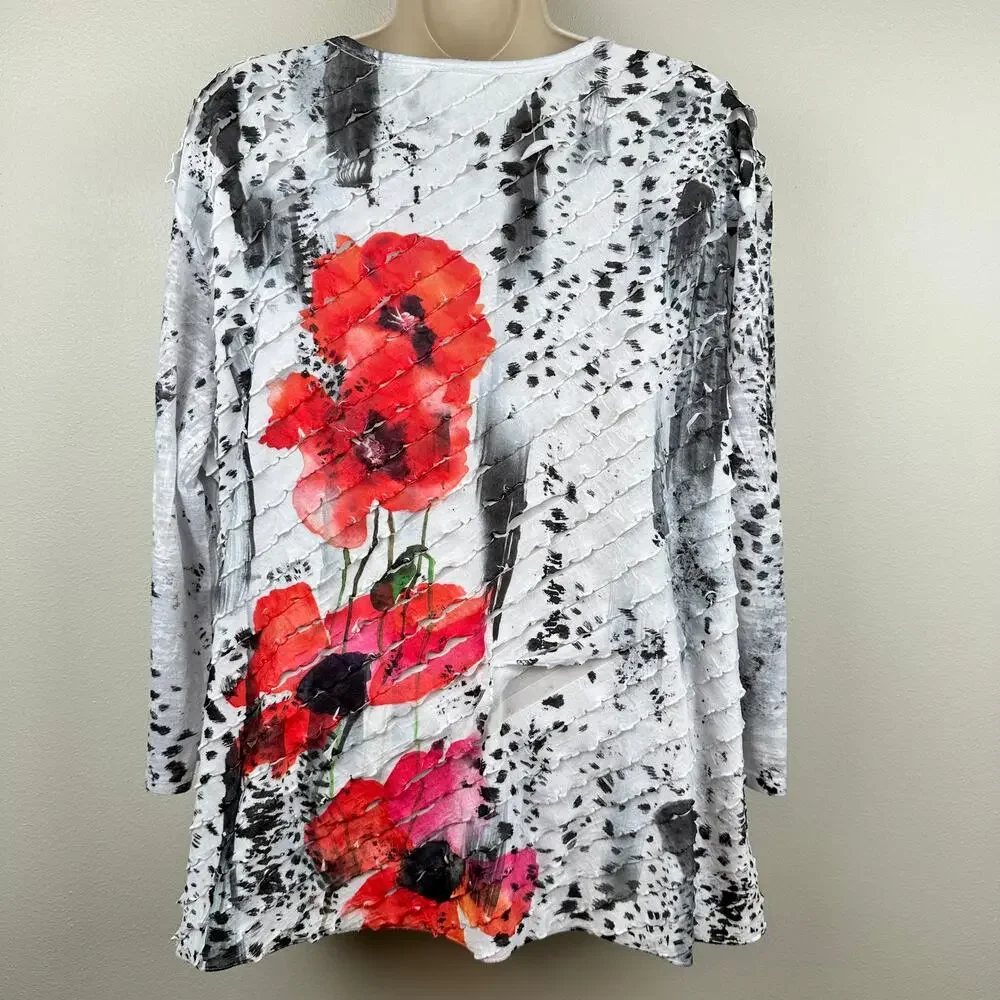 Jess & Jane Blouse Top Ruffle 3/4 Sleeve Abstract Floral Leopard White XL Artsy